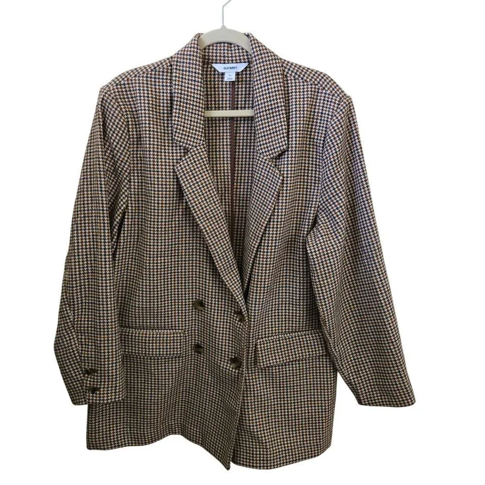 Old Navy NWT Double-Breasted Textured Blazer Brown Plaid Houndstooth Size XL